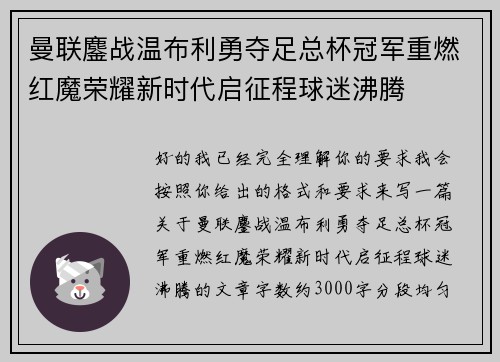 曼联鏖战温布利勇夺足总杯冠军重燃红魔荣耀新时代启征程球迷沸腾 曼联鏖战温布利勇夺足总杯冠军重燃红魔荣耀新时代启征程球迷沸腾